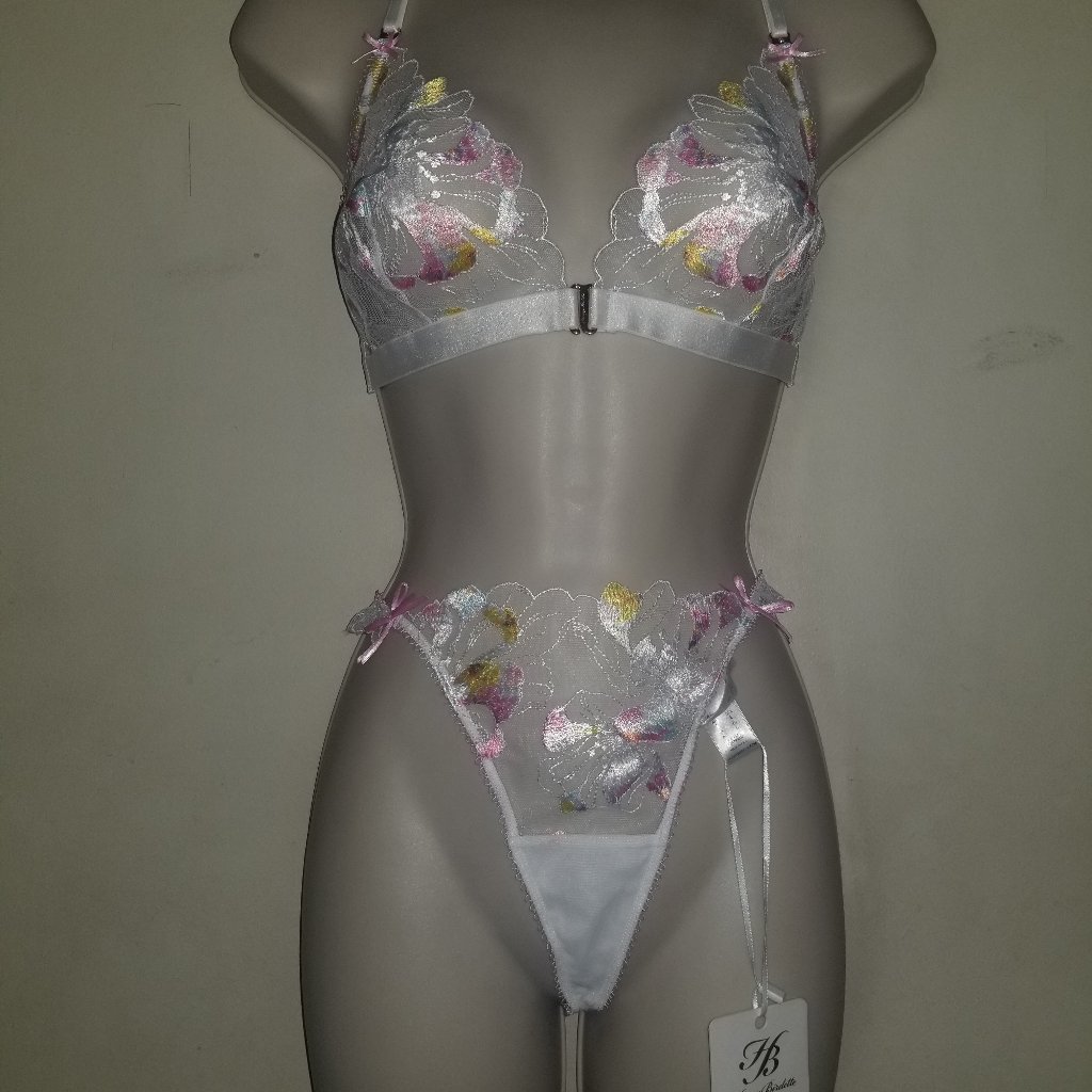 Honey Birdette White And Pink Floral Bra Set